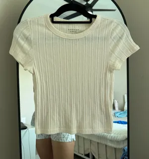 American Eagle Outfitters Cream Ribbed Short Sleeve Tee thumbnail 1