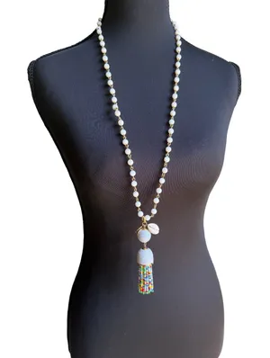 Talbots Coastal Tassel Necklace White Beads Cowrie Shell Beach Resort Boho thumbnail 1