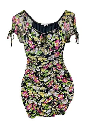 Floral Print Ruched Mini Dress - Puff Sleeve Tie Details - Sweetheart Neckline thumbnail 2