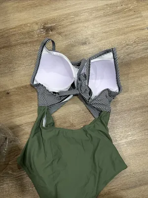 Striped Black & White Top with Olive Green One-Piece Swim sexy cutout thumbnail 2