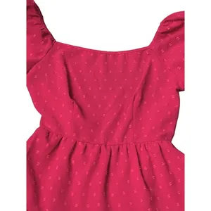 SheIn Hot Pink Swiss Dot Puff Sleeve Tie Back Tiered Mini Dress Flirty Womens‎ Small 4 thumbnail 11