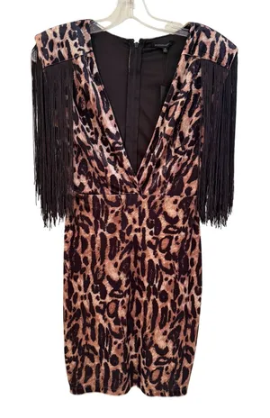 Symphony Animal Print Fringe Bodycon Mini Dress Women's Small Brown‎ Black Retro thumbnail 1