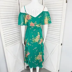 Lulus Romantic Love Floral Chiffon Ruffle Cold Shoulder Midi‎ Dress Green XS thumbnail 6