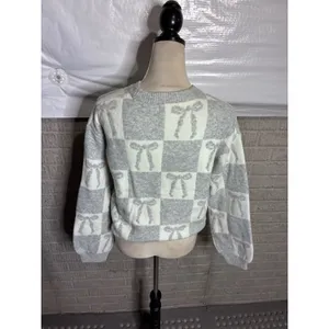 A New Day Womens Grey White Checkered Bow Crewneck Sweater Size Small thumbnail 2