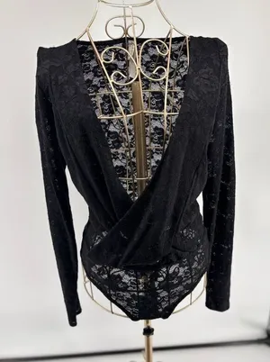 Free People Intimately Lace Wrap Bodysuit Black Long Sleeve Thong M thumbnail 1