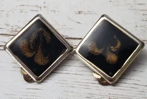 Vintage Clip On Earrings Diamond Shape Black with Dark Gold Pattern 7/8" thumbnail 1