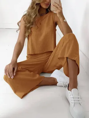 NWT Harper & Lane 2 piece brown sleevless top & wide leg bottom set size S thumbnail 1