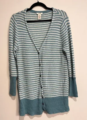 Sundance Sweater White‎ Aqua Stripe Cardigan Lambswool Wool Mohair Blend Large thumbnail 1