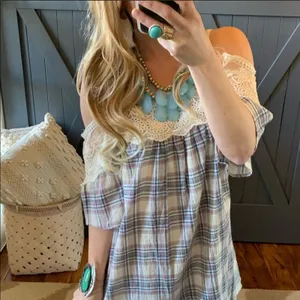 Soiéblu Cold Shoulder Lace Trim Plaid Dress Size Small thumbnail 2