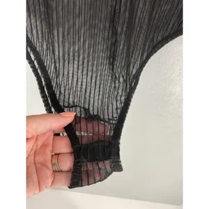 Commense Womens Bodysuit Black Sheer Mesh Front Cutout Ribbed Long Sleeve M thumbnail 6
