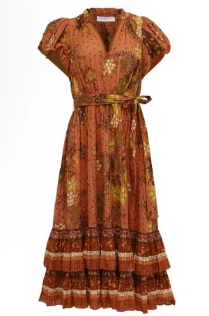 ULLA JOHNSON Remi Printed Tiered Midi Dress In Orange Cotton In Brown Size 2 thumbnail 1