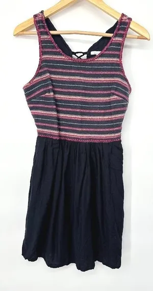O'Neill Mini Dress Women Medium Black Striped Lace‎ Up Back Summer Boho Beach thumbnail 1