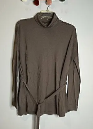 Garnet Hill taupe Merino Wool mock neck sweater thumbnail 1