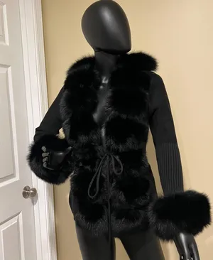 Real fox fur cardigan genuine fur collar trench coat parka jacket wool cape blazer thumbnail 1