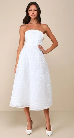 NWT Lulus Enviable Grace White Burnout Strapless Belted Midi Dress Wedding Sz L thumbnail 1