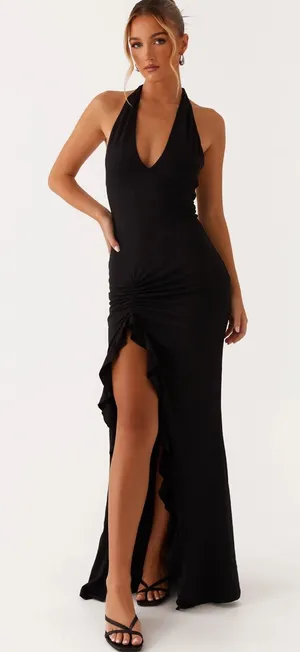 Peppermayo Black Halter Top High Slit Ruched Maxi Dress Size 4 New with Tags thumbnail 1