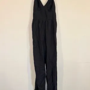 Japna Black Linen Blend Tie Back Wide Leg Jumpsuit L NWOT Pockets thumbnail 2
