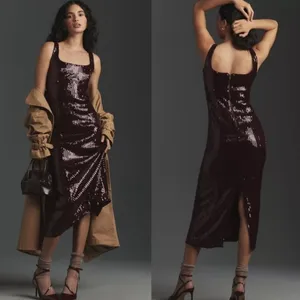NWT Anthropologie Pilcro Sequin Slim Midi Dress Color Plum Burgundy Size XS thumbnail 2