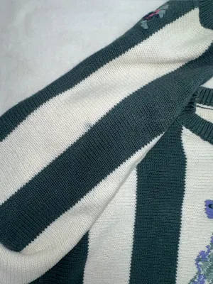 Vintage 90s Paris Sport Club Floral Striped Knit Sweater L Cottagecore Grandma thumbnail 13