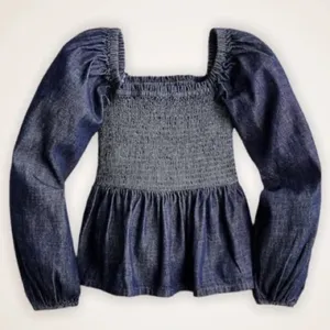 J.‎ Crew Dark Blue Chambray Smocked Puff Sleeve Top Peasant Milkmaid thumbnail 2