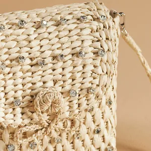 Anthropologie Embellished Straw Crossbody‎ Bag NWT Tan Cream Woven thumbnail 3