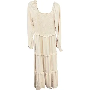 PrettyGarden Cream‎ Swiss Dot Smocked Tiered Maxi Dress Long Sleeve Beige Medium thumbnail 5