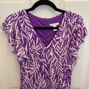 London Times Purple‎ White Leaf Print Flutter Sleeve V-Neck Midi Dress Womens 6 thumbnail 3