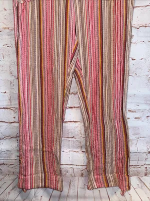 Sundance Pink Tan Stripe elastic Waist Bakari Beachy Pants Roll Tab Hem S pocket thumbnail 3
