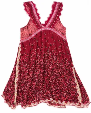 Free People Boho Floral Paisley Midi Dress Burgundy Pink Lace Handkerchief Hem thumbnail 1