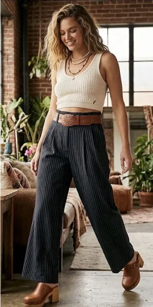 Free People Striped Pleated Wide Leg Pants Black Size Large $148 thumbnail 1