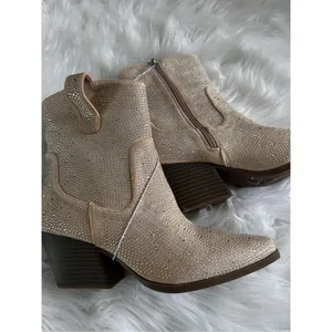 Sparkly western boots with little shiny diamonds, off-white/tan color small size thumbnail 2