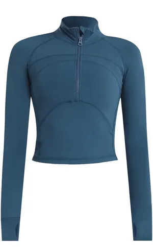 Women's Cropped Workout Jacket 1/2 Zip Athletic Yoga Running Pullover Tops with Thumb Hole thumbnail 1