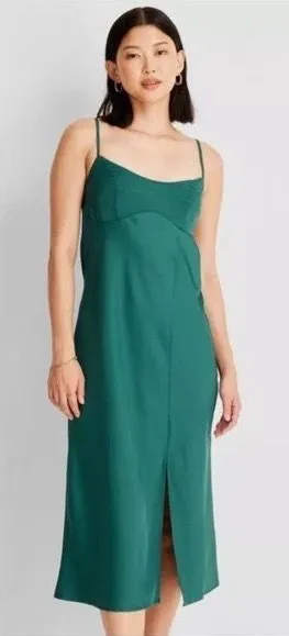A New Day Emerald Green Slip Midi Satin Slip Dress with Front Slit thumbnail 1