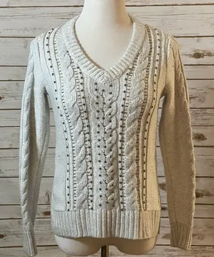 Abercrombie & Fitch cream classic preppy beaded cable knit sweater thumbnail 1