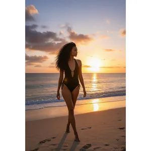 Black Plunge Tie Side‎ Ruched One Piece Swimsuit Adjustable Bathing Suit XS thumbnail 2