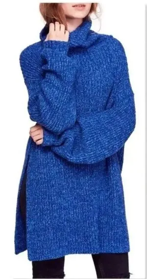 Free People Slouchy Sweater Women Blue 'Eleven' Tunic Medium Oversize Turtleneck thumbnail 1