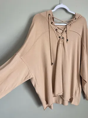 AERIE | Blush Pink Lightweight Oversized Lace-Up Pullover Hoodie Sz L thumbnail 4