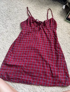 Red Plaid Mini Dress Spaghetti Strap Checkered A-Line 90s style babydoll thumbnail 1