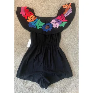 NWT J. Marie Off The Shoulders Black Embroidered Romper Sz. L thumbnail 11