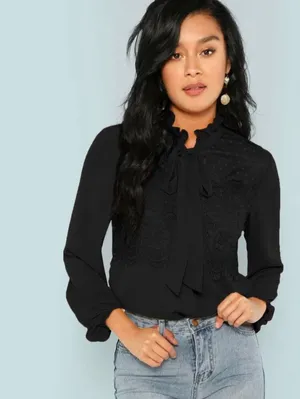 SheIn Black Frill Tie Neck Blouse With Lace Panel thumbnail 5