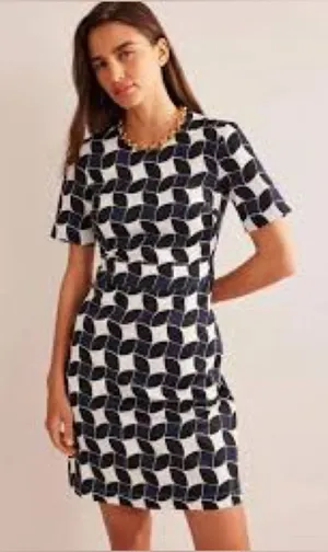 Boden Alexa Geometric Print‎ Cotton Shift Dress Navy White Black 12 EUC thumbnail 1