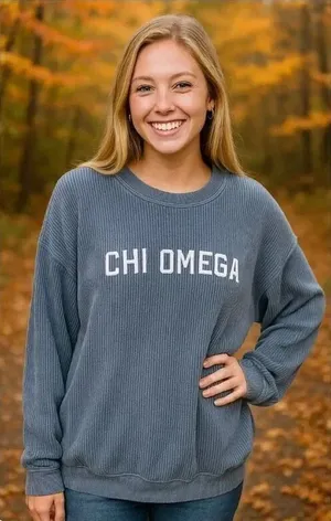 Corded Crew Slate Blue Chi Omega Corduroy-Style Sweatshirt – Size Large thumbnail 1
