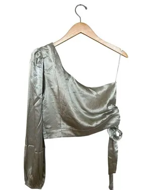 ASTR The Label Women's One Shoulder Side Tie Long Sleeve Top Green Satin Size L thumbnail 6