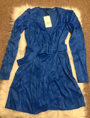 ZARA New with tags Blue Satin Effects Belted dress. thumbnail 6