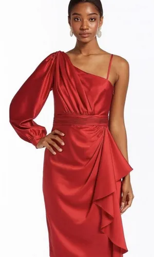 IEENA Mac Duggal SATIN ONE SLEEVED COCKTAIL DRESS Raspberry Size 6 thumbnail 1