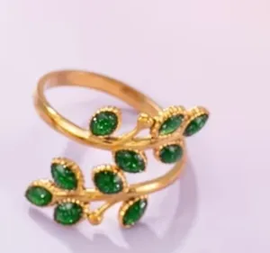 & Other Stories Women’s Stainless Steel 18k Gold Plated Bohemian Emerald Flower Adjustable SZ 6-9 thumbnail 2