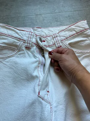 Madhappy Mid Rise Straight Leg 5 Pocket Off-White Jeans Red Stitching Size S thumbnail 6