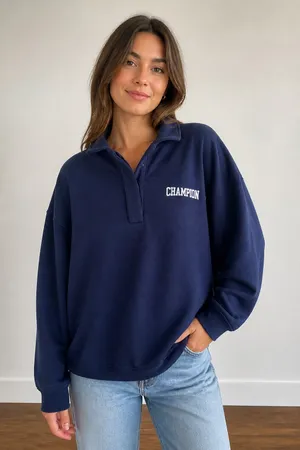 Champion Navy Blue Pullover Button Down Shirt L thumbnail 1
