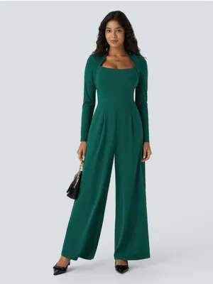 HALARA Emerald Green Wide-Leg Jumpsuit with Square Neck thumbnail 2