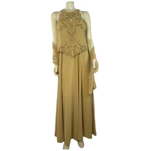1990s Miss New York Gold Beaded Formal Gown Set Cutout Maxi L-XL thumbnail 2